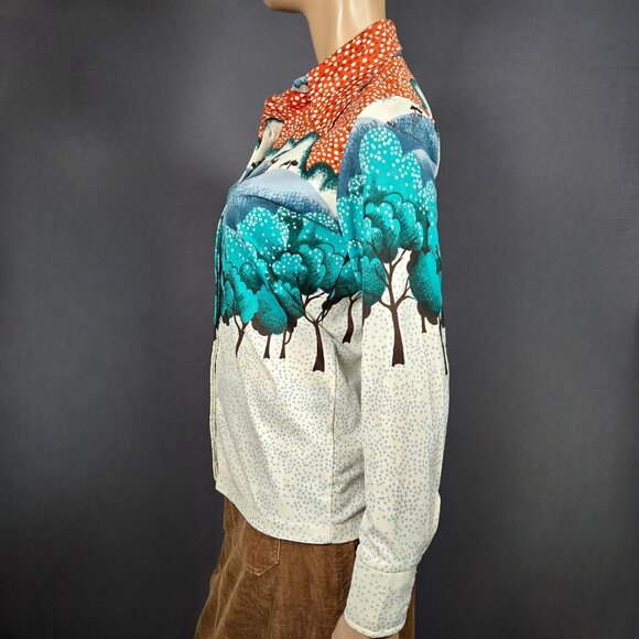 Vintage 70s Landscape Trees Novelty Print Button Up Shirt Dagger Collar Size M - Picture 5 of 11